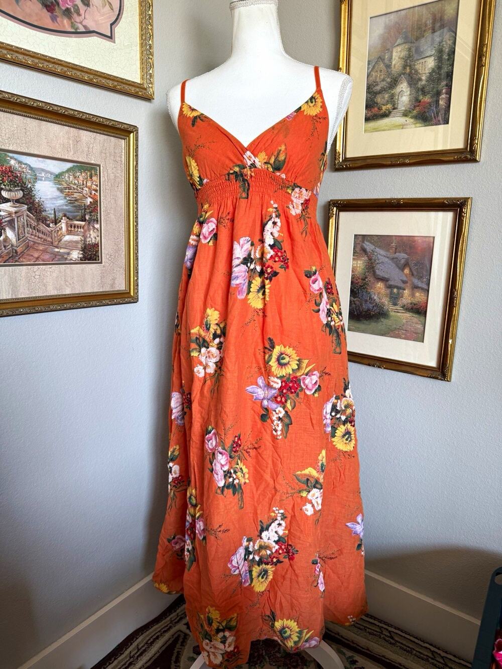 Derek Heart 100% Cotton Orange Floral V-Neck Smocked Maxi Dress Womens Large